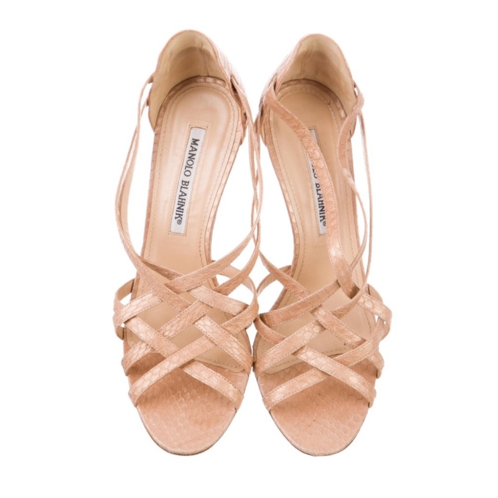 Manolo Blahnik Nude Strappy Woven Leather Heels